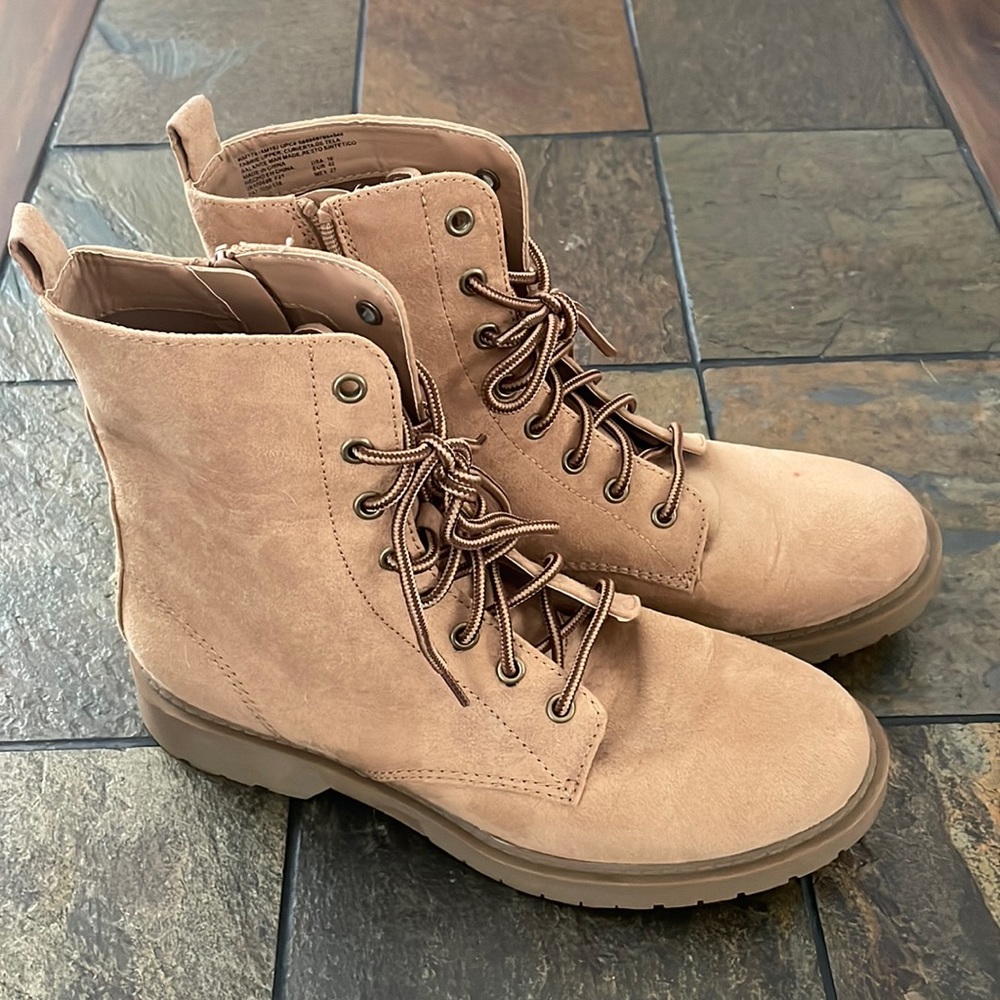 Time and Tru Camel Suede side zip laced Boots- 1 inch heel- size 10